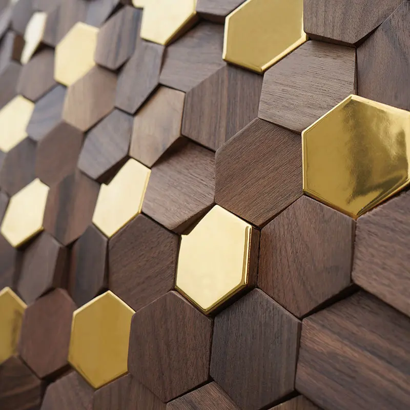 Solid 100% Black Walnut Timber With Gold Color 3D Interior Room Wall Panel